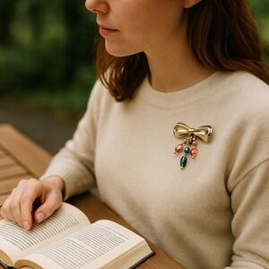 Vintage Bow Brooch Pin Glass Beads ‎ Ribbon Brooch Pin